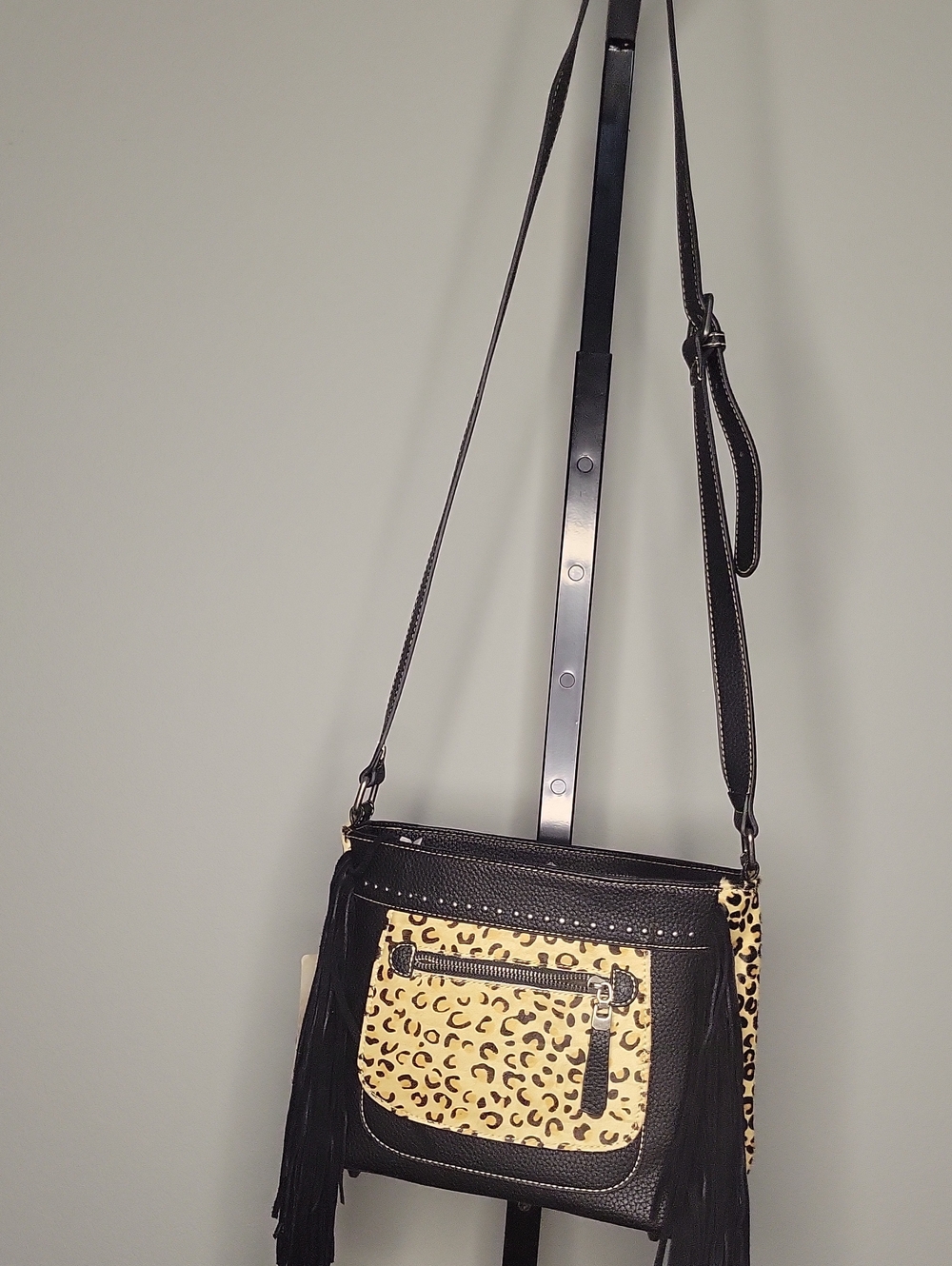 Black Crossbody Bag with Leopard Print Pocket and Fringe